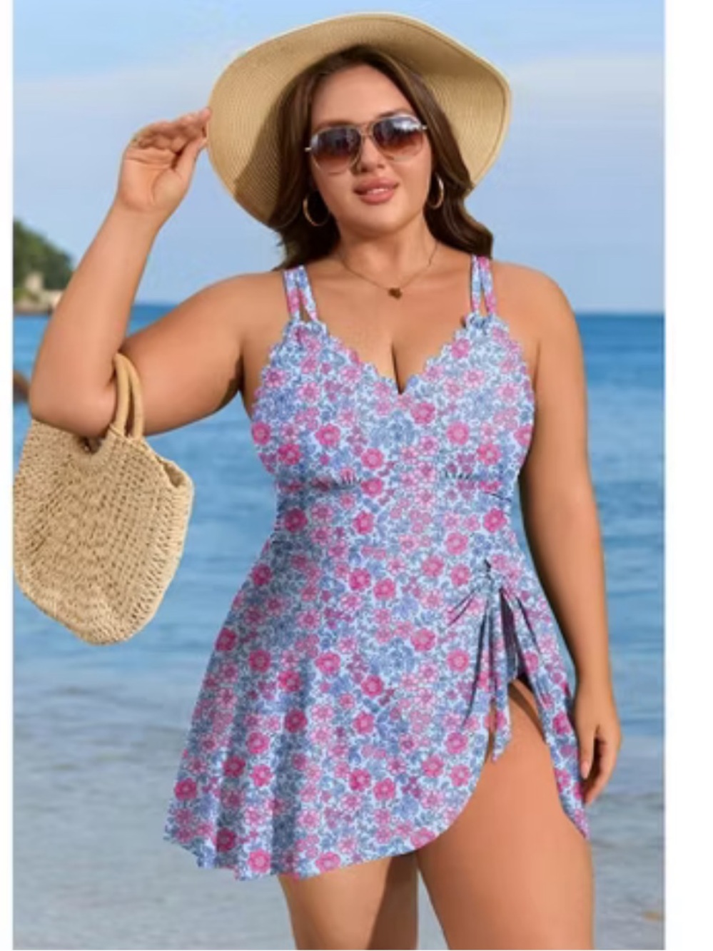 Floral Pink & Blue Plus-Size One-Piece Swim Dress